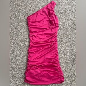 One-Shoulder Ruched Hot Pink Bodycon Dress